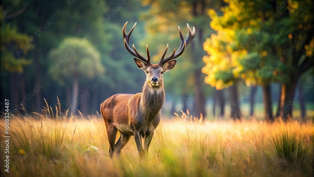 A Majestic Red Deer Buck Stands Proudly in a Field of Golden Grass, Its Antlers Reaching Toward the Sunlit Canopy of the Forest Beyond A Majestic Red Deer Buck Stands Proudly in a Field of Golden Grass, Its Antlers Reaching Toward the Sunlit Canopy of the Forest Beyond