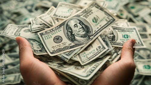 American hundred dollar paper money lies on the office table. Close-up of 100 American dollar bills.