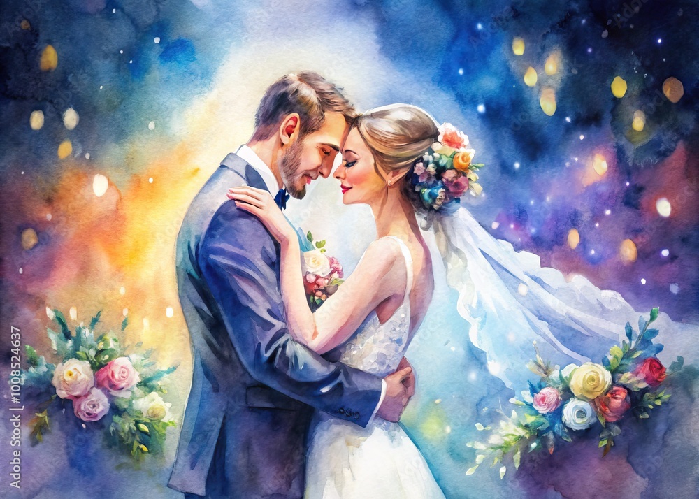 Elegant Watercolor Illustration of a Bride and Groom Embracing on Their Special Day in Soft Colors