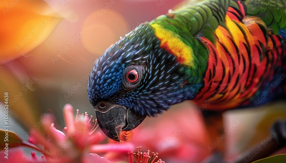 Fototapeta premium Exotic birds in a tropical setting, vibrant and dynamic, Botanical, Bright hues, Photograph, Avian beauty