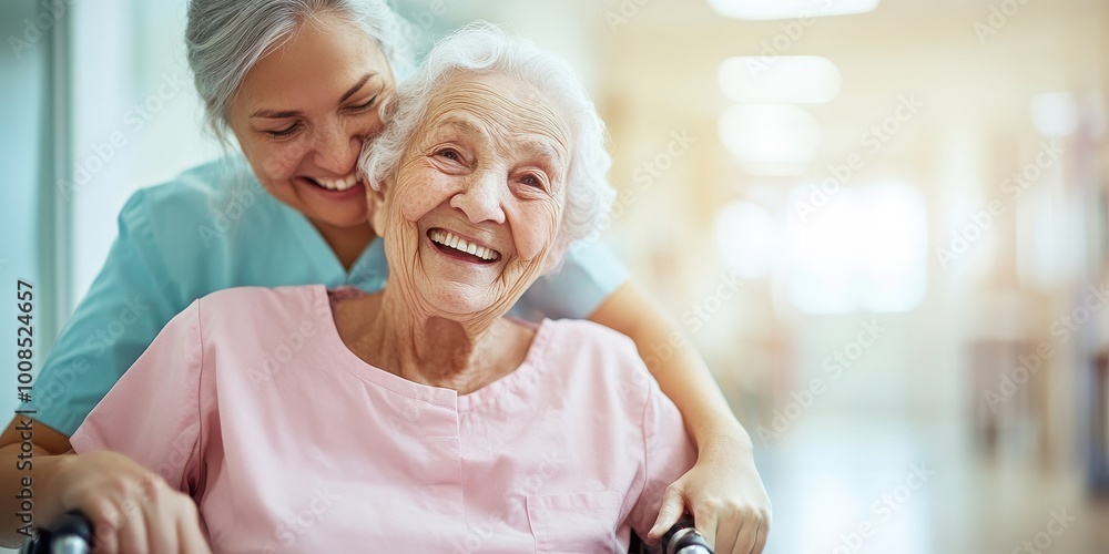 Obraz premium Nursing home residential care concept. A caregiver, nurse joyfully assists an elderly woman in a wheelchair, highlighting compassion and support in nursing home.