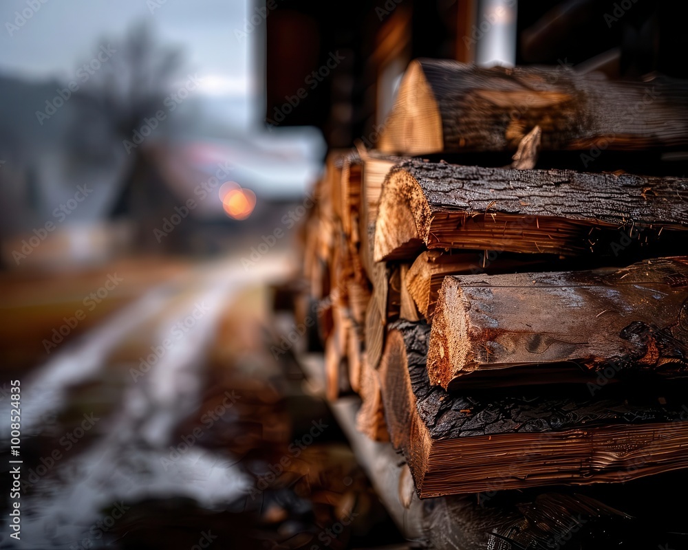 Fototapeta premium Firewood stack by a rustic cabin, cozy and practical, Rural, Earth tones, Photograph, Country detail