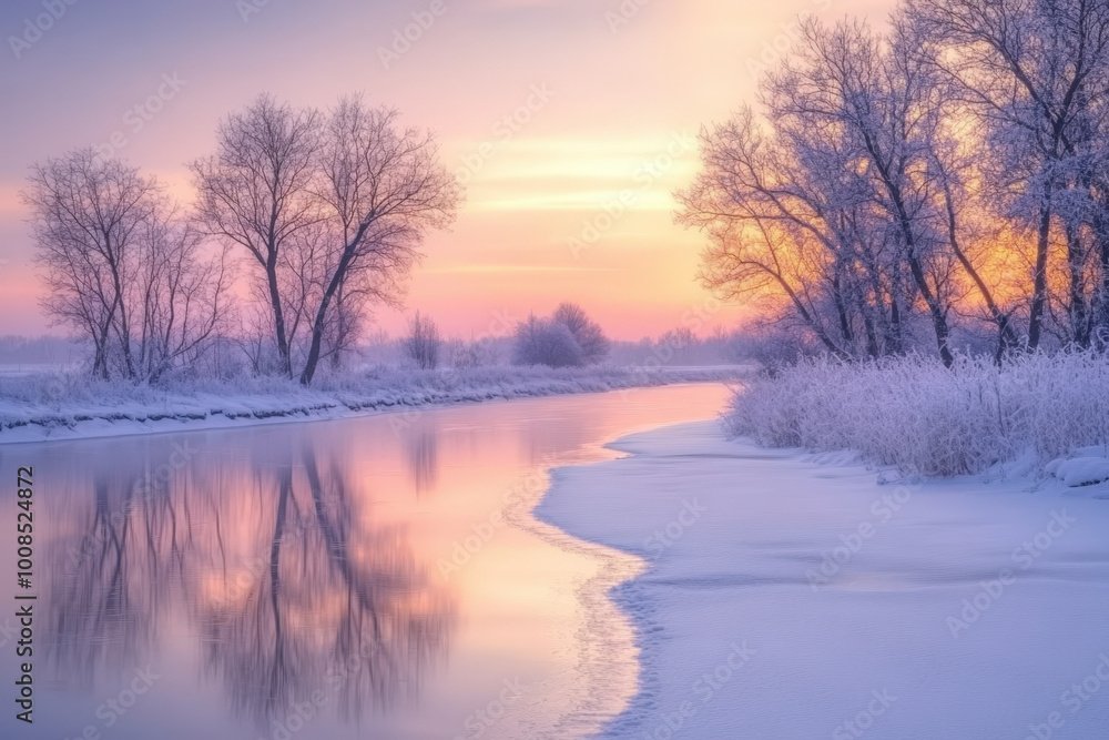 Calm winter river is reflecting a beautiful sunrise with snow covered trees lining its banks Calm winter river is reflecting a beautiful sunrise with snow covered trees lining its banks