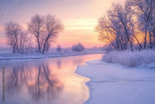 Calm winter river is reflecting a beautiful sunrise with snow covered trees lining its banks