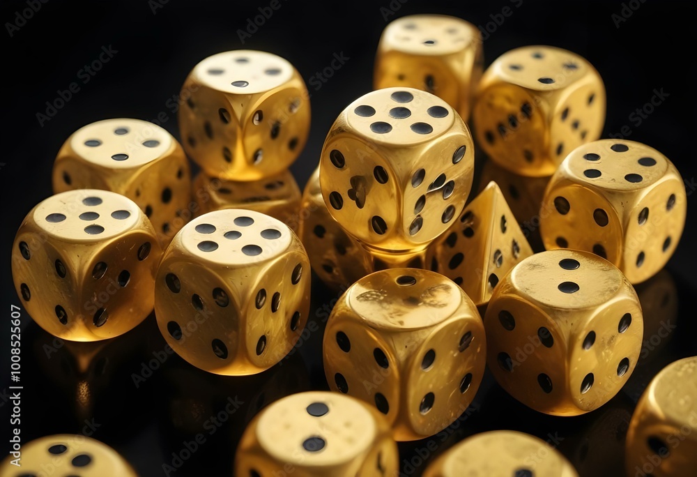A set of gold-colored dice with black dots, showing various numbers from one to six A set of gold-colored dice with black dots, showing various numbers from one to six