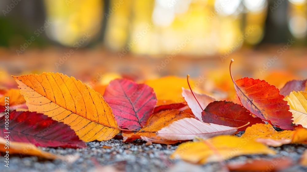 Vibrant autumn leaves scattered on the ground with a soft golden sunlight in the background, ample copy space for text, high-end magazine photography, deep depth of field, Product photography with Vibrant autumn leaves scattered on the ground with a soft golden sunlight in the background, ample copy space for text, high-end magazine photography, deep depth of field, Product photography with