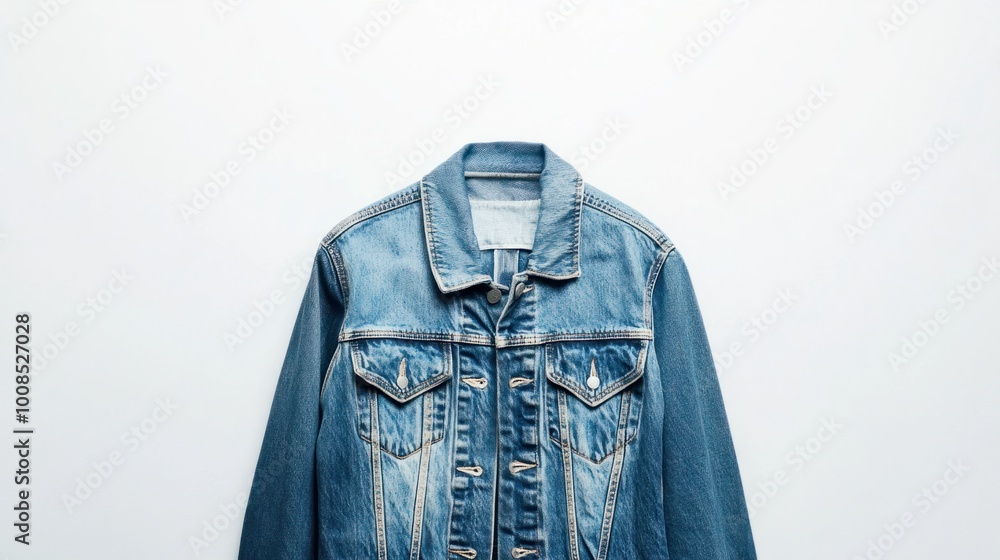 A stylish women's denim jacket with frayed edges, neatly hung against a bright white backdrop, perfect for casual fashion trends A stylish women's denim jacket with frayed edges, neatly hung against a bright white backdrop, perfect for casual fashion trends