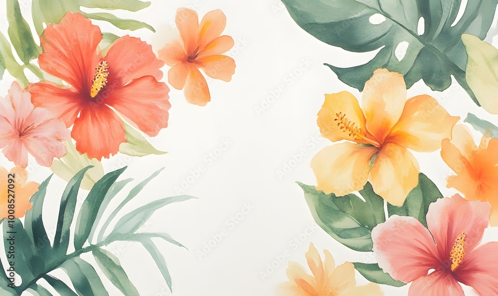 Watercolor painting of tropical flowers and leaves arranged around a white background, Generative AI Watercolor painting of tropical flowers and leaves arranged around a white background, Generative AI