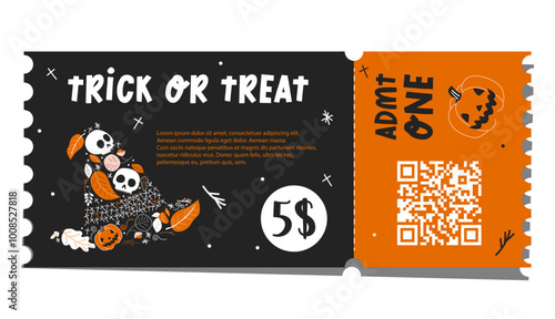 Halloween ticket template. The ticket is in black and orange shades with autumn leaves and skulls. An invitation to a party in honor of the autumn holiday.