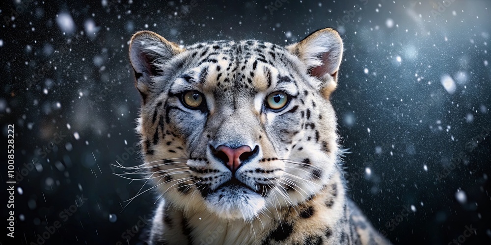 A snow leopard's piercing gaze meets the falling snow, a moment of stillness amidst the winter storm A snow leopard's piercing gaze meets the falling snow, a moment of stillness amidst the winter storm