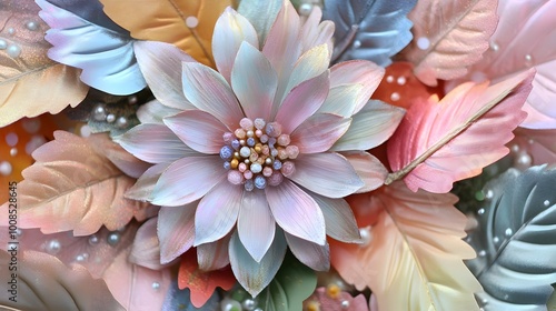 Colorful floral arrangement with pastel pink and blue petals and decorative leaves. photo