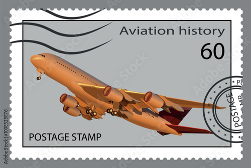 Postage stamp with an airliner taking off. Vector.