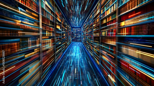 Abstract Library Interior with Bookshelves and Glowing Lines of Data Flowing