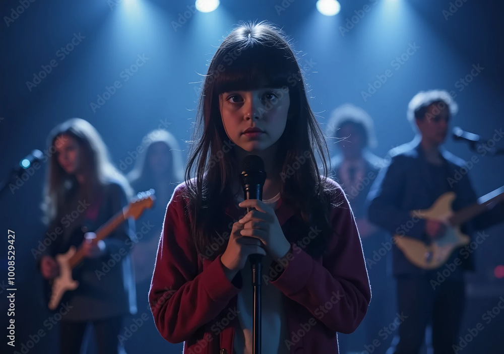 Fototapeta premium Little girl sings at a concert. Music school, learning, budding talent, stage shyness.