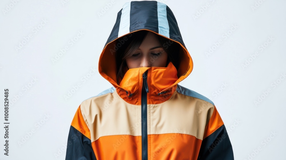A stylish women's windbreaker jacket with bold stripes, isolated on a bright white background, ideal for active lifestyle imagery A stylish women's windbreaker jacket with bold stripes, isolated on a bright white background, ideal for active lifestyle imagery