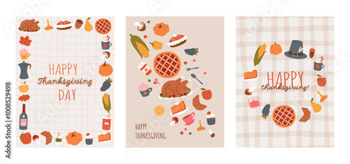 Set Thanksgiving day greeting card. Harvest festive elements, seasonal food and drinks, family dinner. Hand drawn template design. Vector flat illustration for print, poster, banner, ads, cover.