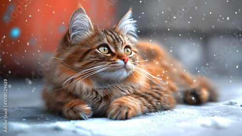 A Tabby Cat Lying in the Snow, Looking Up at Falling Snowflakes, with a Blurry Background