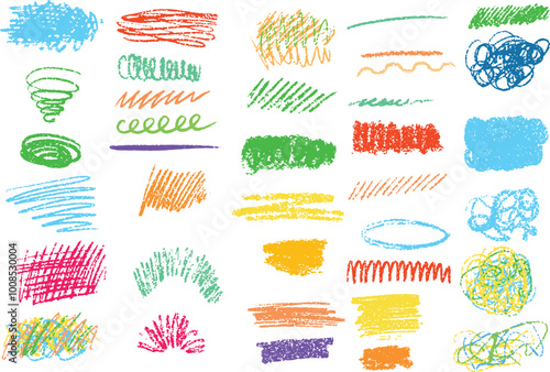 Childish scribble style set, messy line, colorful were drawn by children, drawing with chalk, wax, crayon, colored pencil, charcoal, rough sketch, wavy line, straight with texture and random, freehand