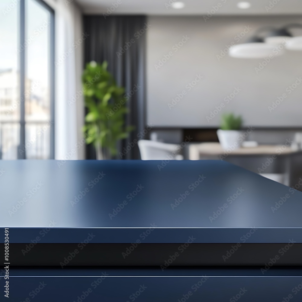 Kitchen with an empty blue countertop against a blurred background of a modern interior. Tabletop for product presentation. Clean mockup for food or laundry detergent, washing. Kitchen with an empty blue countertop against a blurred background of a modern interior. Tabletop for product presentation. Clean mockup for food or laundry detergent, washing.