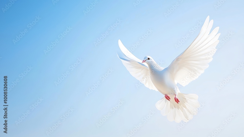 White dove in flight against a clear blue sky, symbolizing peace and harmony, ample copy space for text, high-end magazine photography, deep depth of field, Product photography with high resolution, White dove in flight against a clear blue sky, symbolizing peace and harmony, ample copy space for text, high-end magazine photography, deep depth of field, Product photography with high resolution,