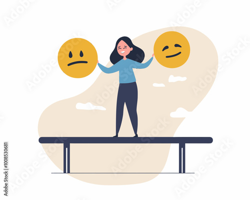 Emotional Intelligence Mindful Calm Woman Balancing Smile Sad Faces Work Stress Happiness Concept Flat Minimalist SVG Vector