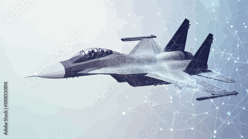 Grey Polygonal Fighter Jet on Abstract Background With Connecting Dots and Lines, Minimalist Low Poly Vector Illustration for Technology and Transport Themes