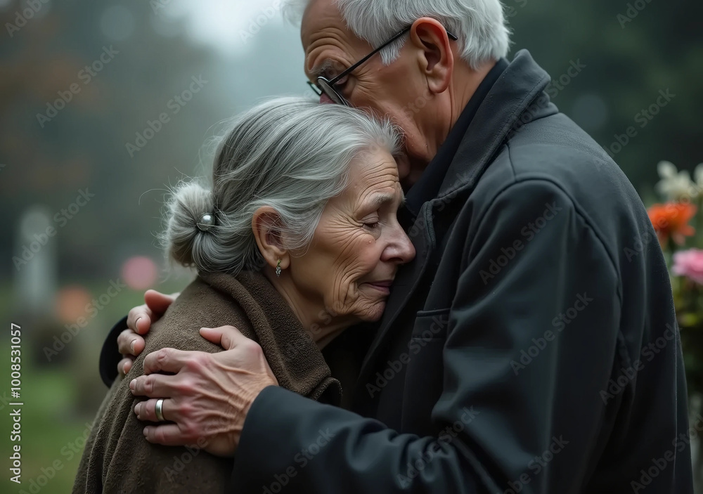 Elderly couple at the cemetery. Sadness during a funeral. Elderly couple at the cemetery. Sadness during a funeral.