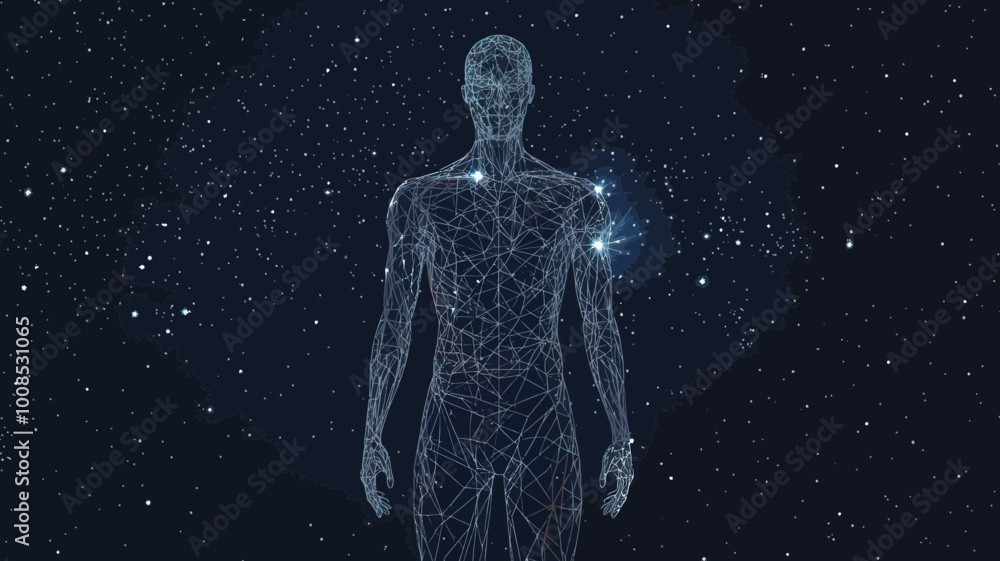 Futuristic Human Body Low Poly Wireframe Vector with Starry Sky Background - Minimalist SVG of Technology and Science Concept Futuristic Human Body Low Poly Wireframe Vector with Starry Sky Background - Minimalist SVG of Technology and Science Concept
