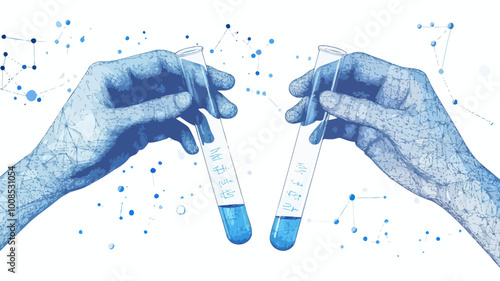 Low Poly Wireframe Test Tubes Digital Science Concept Hands Assembling Puzzle Minimalist Vector Graphic Isolated on White Background for Science and Analytical Research
