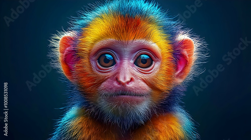 A Close-Up View of a Colorful Monkey's Face with a Blue Background, Showing Detail and Expression