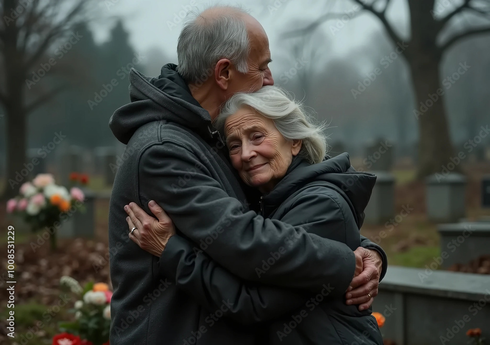 Elderly couple at the cemetery. Sadness during a funeral. Elderly couple at the cemetery. Sadness during a funeral.