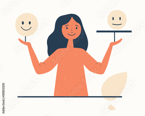 Balancing Emotional Intelligence and Mental Health: Mindful Woman Balances Sadness and Happiness in Minimalist Vector Illustration