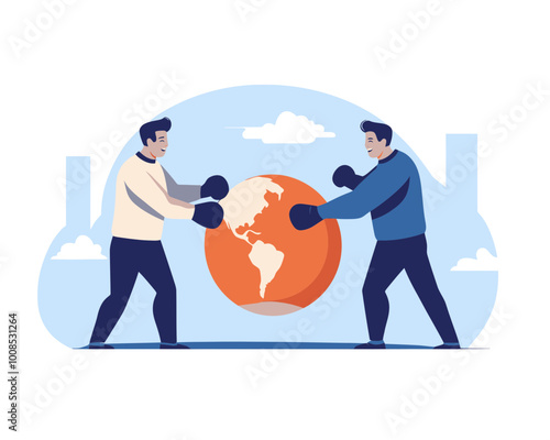 Conflict Management Business Leadership and Negotiation Skills Concept with Mediator Stopping Boxing Globe Fight in Minimalist SVG Vector