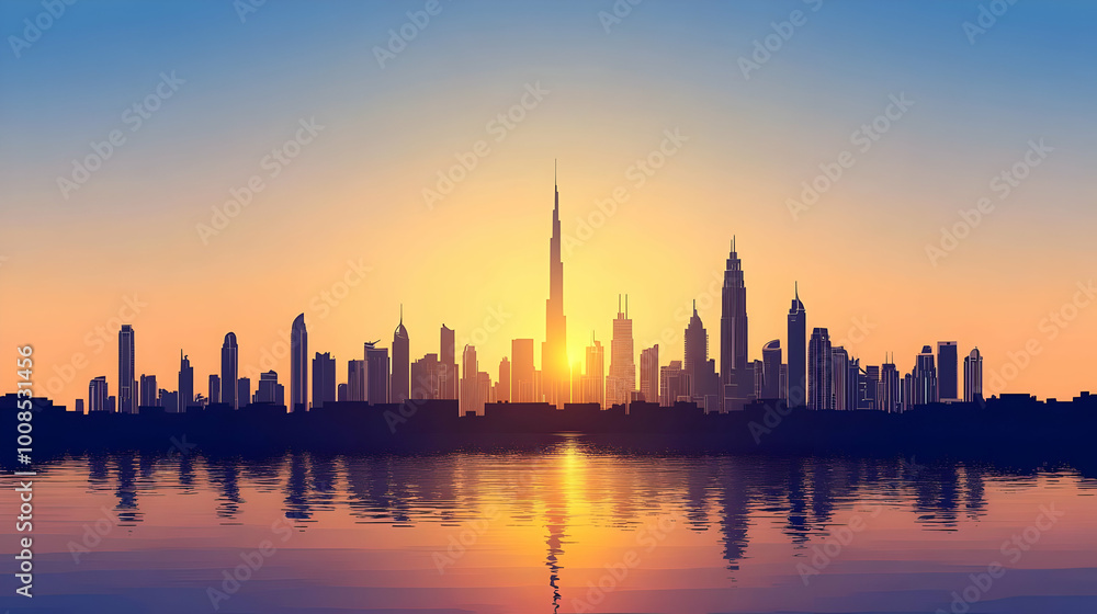 Modern metropolis cityscape silhouette reflecting in the water at sunset. Modern metropolis cityscape silhouette reflecting in the water at sunset.