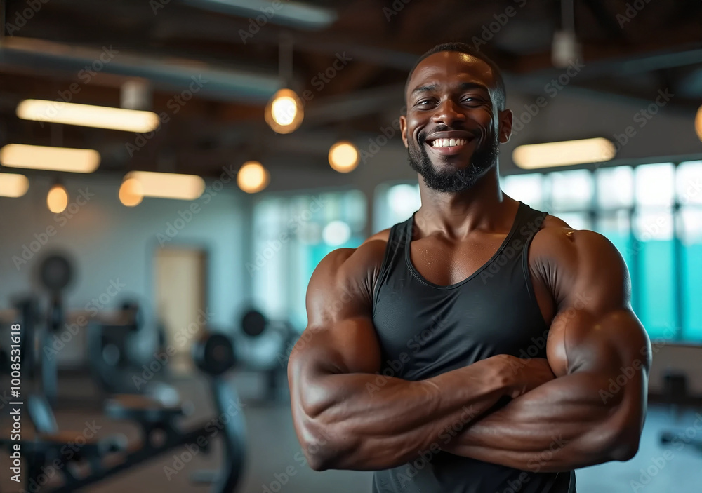 African Man Posing in the gym. Confident and smiling black man. Fitness and Strength. African Man Posing in the gym. Confident and smiling black man. Fitness and Strength.
