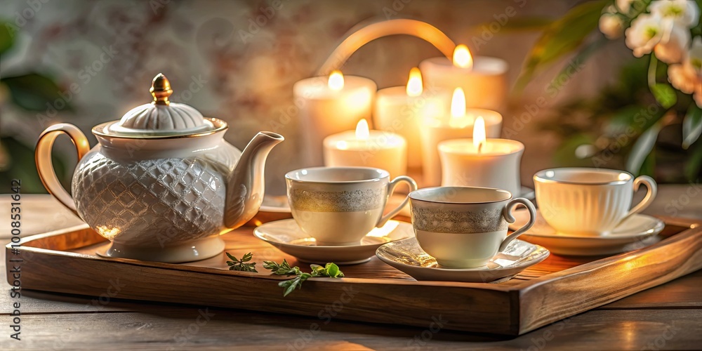 A delicate white teapot and teacups rest on a wooden tray, illuminated by the warm glow of candles, creating a tranquil and inviting scene. A delicate white teapot and teacups rest on a wooden tray, illuminated by the warm glow of candles, creating a tranquil and inviting scene.