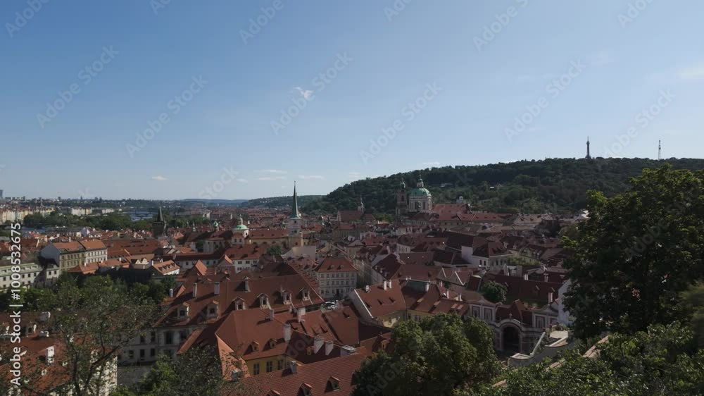 Panoramic view of Prague's historic rooftops under a clear blue sky Pan Left shot Panoramic view of Prague's historic rooftops under a clear blue sky Pan Left shot