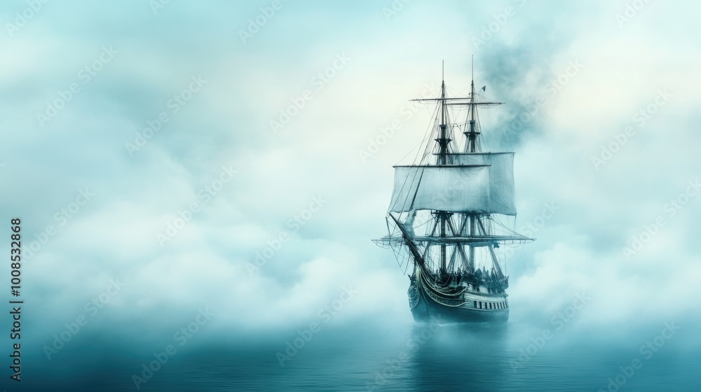 Fototapeta premium Mysterious Ship Sailing Through Foggy Waters