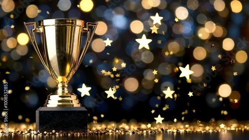 A gleaming trophy stands out amidst a shower of golden stars, capturing the excitement of a festive awards celebration