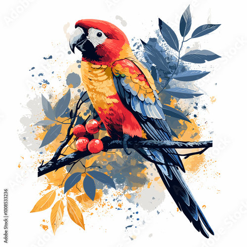 A colorful parrot is perched on a branch with berries. The bird is surrounded by a splash of color, giving the image a lively and vibrant feel