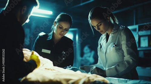 A forensic investigator examines a bloodied and crime scene with evidence markers