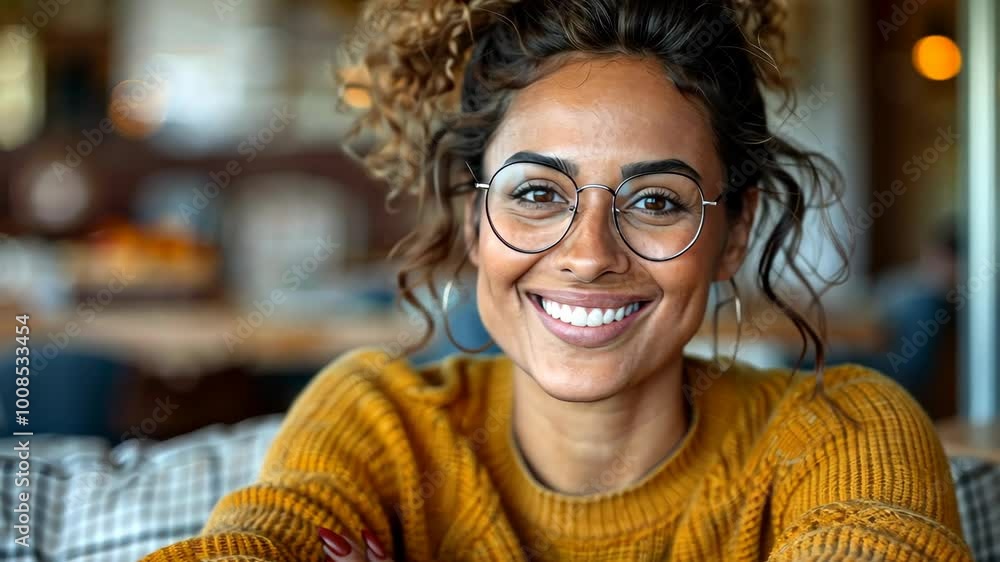 A woman smiles warmly while sitting comfortably in a trendy café, showcasing her stylish outfit and joyful demeanor A woman smiles warmly while sitting comfortably in a trendy café, showcasing her stylish outfit and joyful demeanor
