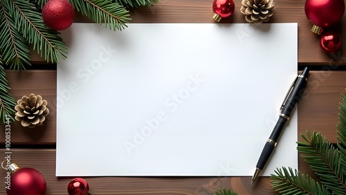 A sheet of white paper lies on the table, New Year's atmosphere, a letter to Santa Claus, mock up
