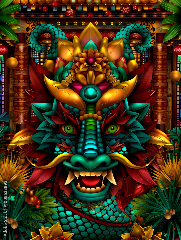 A colorful dragon with a green mouth and yellow eyes. The dragon is surrounded by a jungle scene with palm trees and flowers A colorful dragon with a green mouth and yellow eyes. The dragon is surrounded by a jungle scene with palm trees and flowers