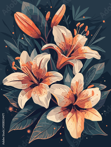 A painting of three orange and white lilies with green leaves. The painting has a serene and calming mood, with the flowers and leaves blending together in a harmonious way