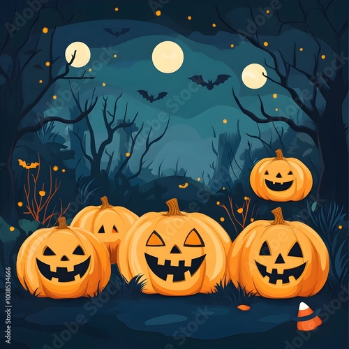 Haunting Halloween Night Scene with Glowing Jack o Lanterns Bats and Bare Trees