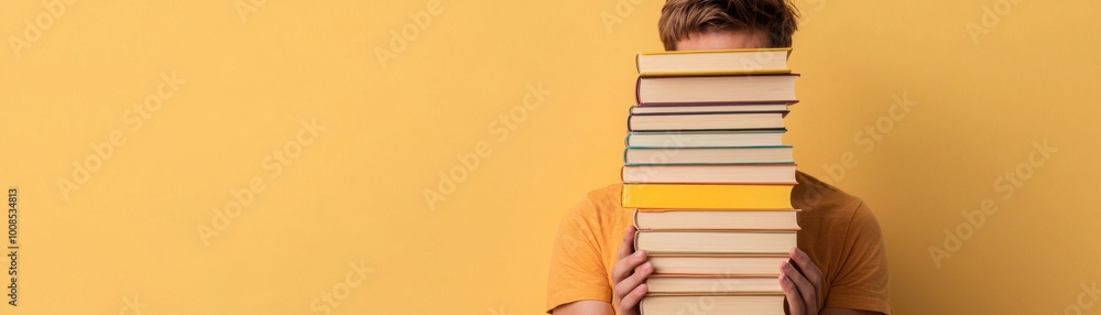 Young person holding stack of books in front of yellow wall. Young person holding stack of books in front of yellow wall.