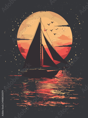 A painting of a sailboat on a calm ocean at sunset. The sky is orange and the water is calm