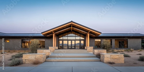 A-Frame Style Home Exterior with Dark Wood Beams and Grey Shingle Siding photo