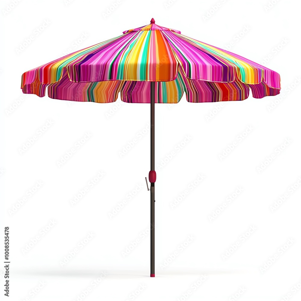 Colorful striped beach umbrella with a vibrant design on a white isolated background. Colorful striped beach umbrella with a vibrant design on a white isolated background.